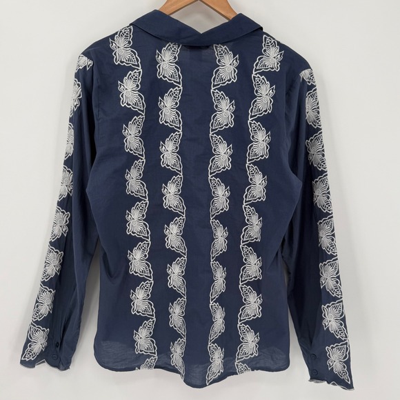 Sundance Navy Butterfly Embroidered Button Front Cotton Blouse Size 12 - Picture 2 of 8